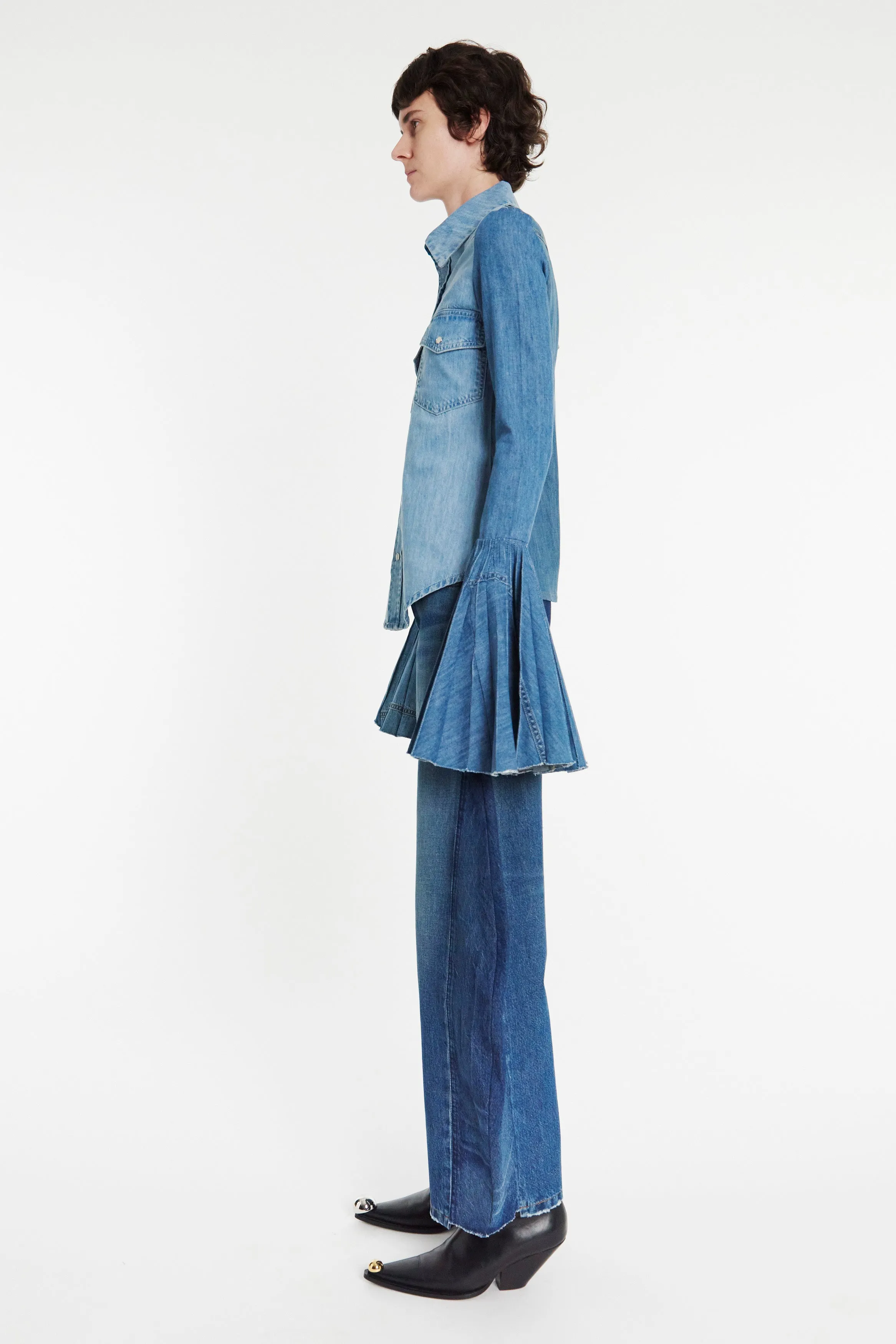 Recycled Denim Shirt With Pleated Bell Sleeves Blue