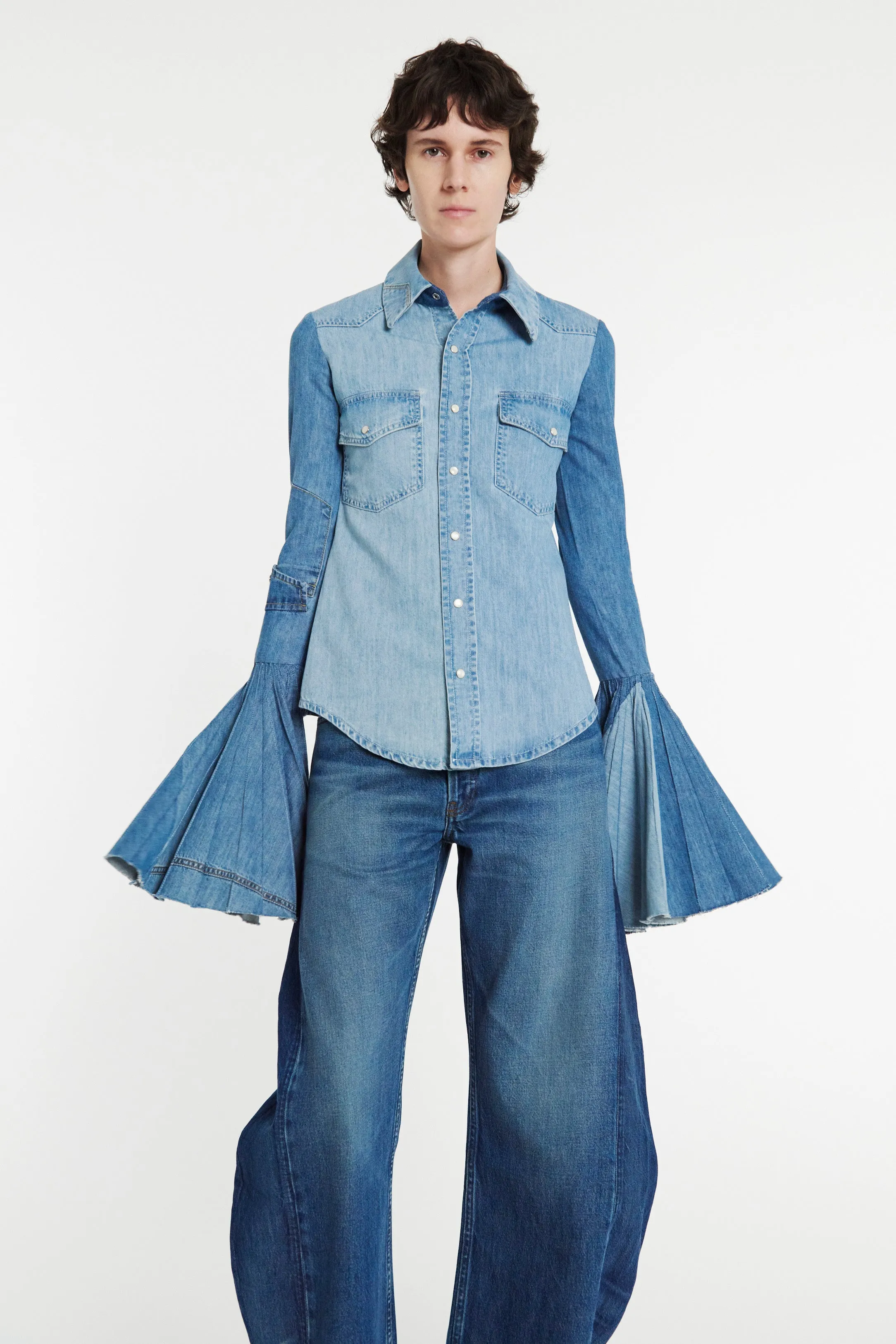 Recycled Denim Shirt With Pleated Bell Sleeves Blue