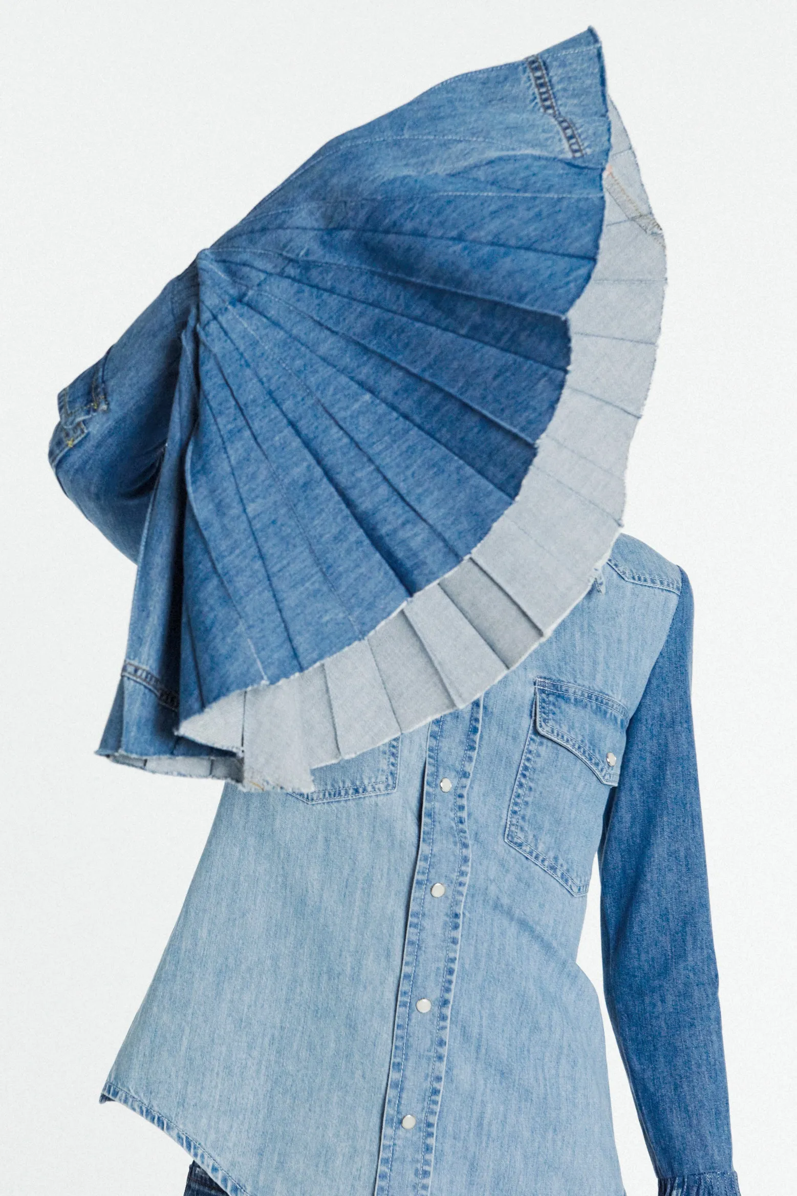 Recycled Denim Shirt With Pleated Bell Sleeves Blue