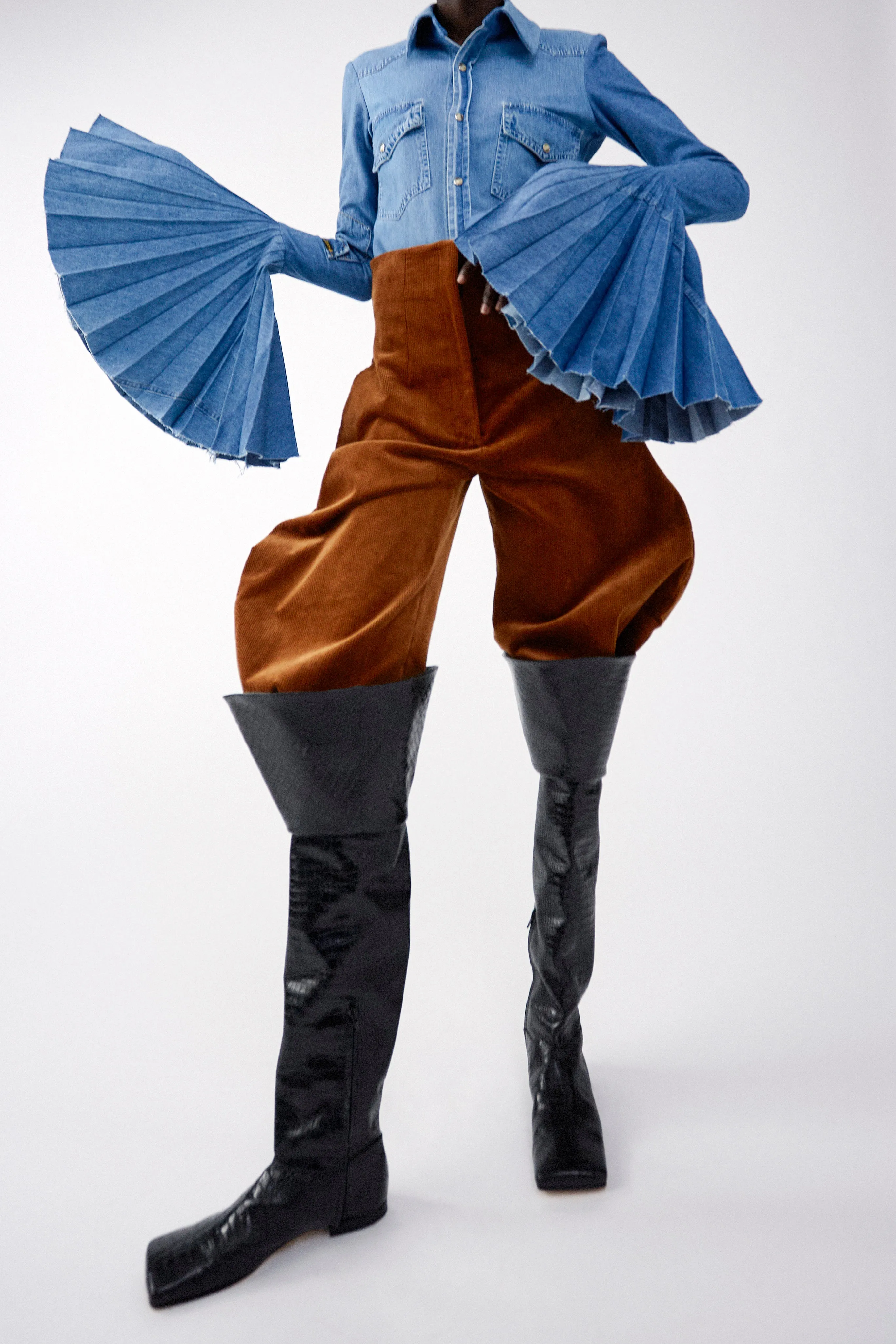 Recycled Denim Shirt With Pleated Bell Sleeves Blue