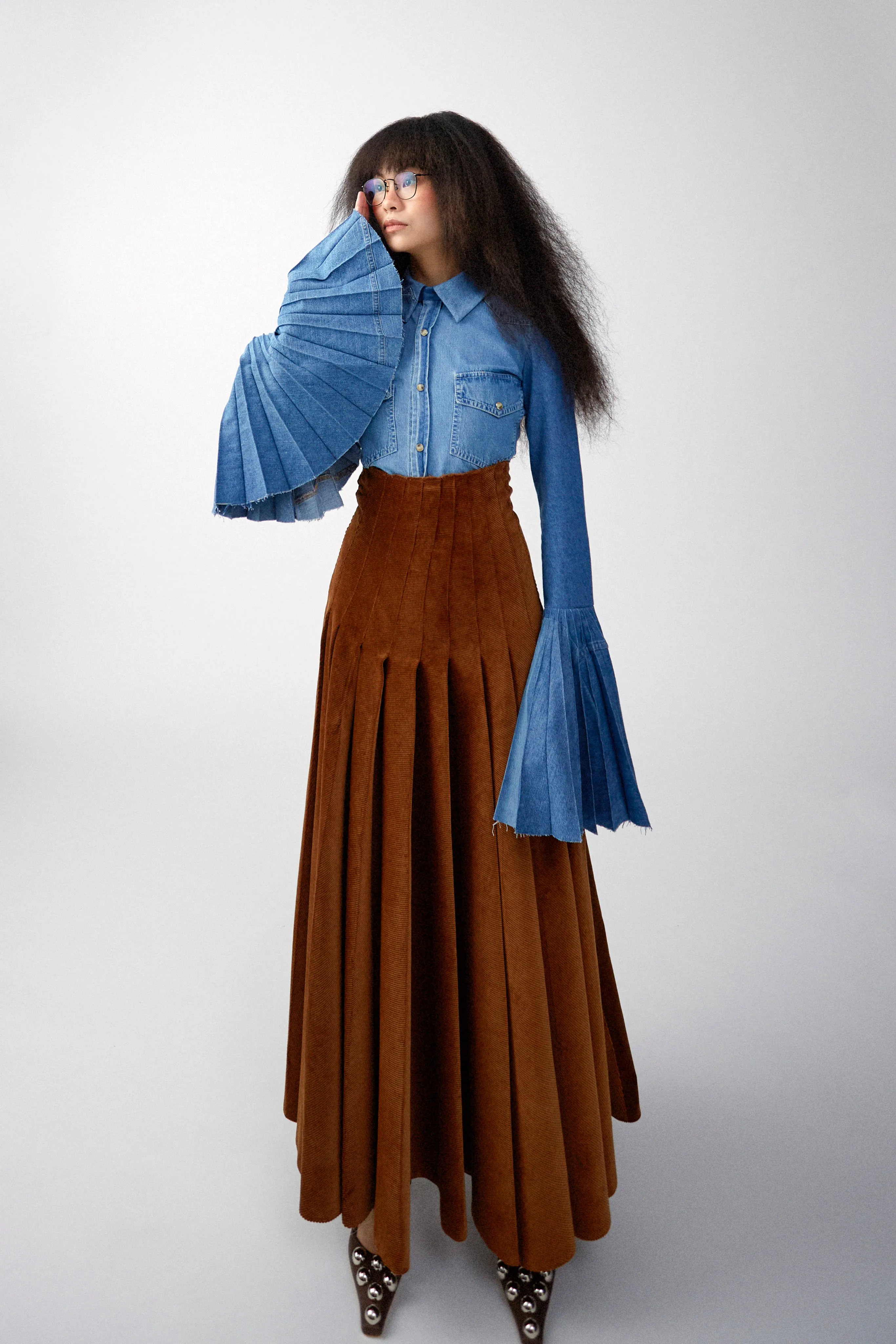 Recycled Denim Shirt With Pleated Bell Sleeves Blue