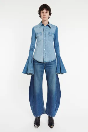 Recycled Denim Shirt With Pleated Bell Sleeves Blue
