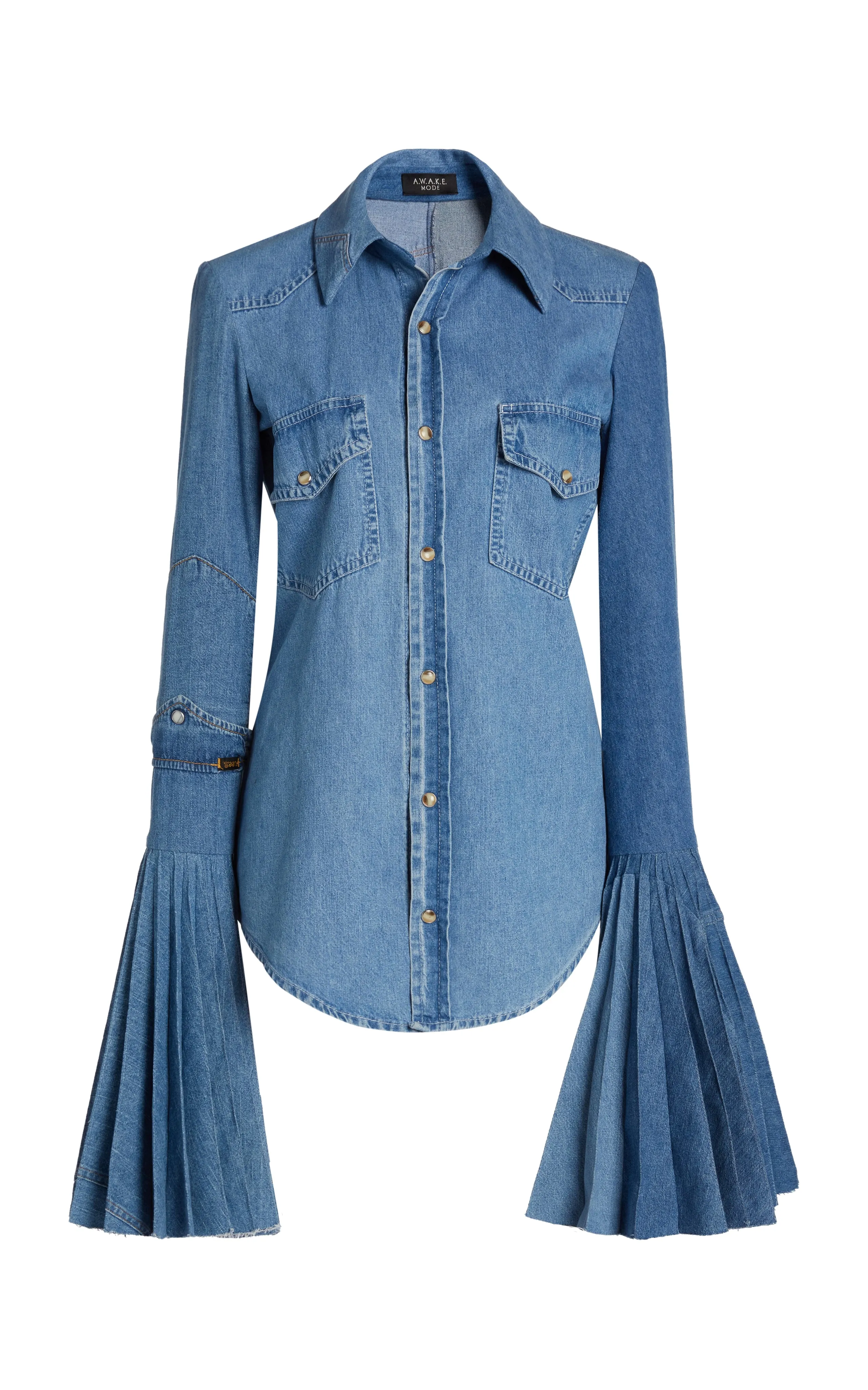 Recycled Denim Shirt With Pleated Bell Sleeves Blue
