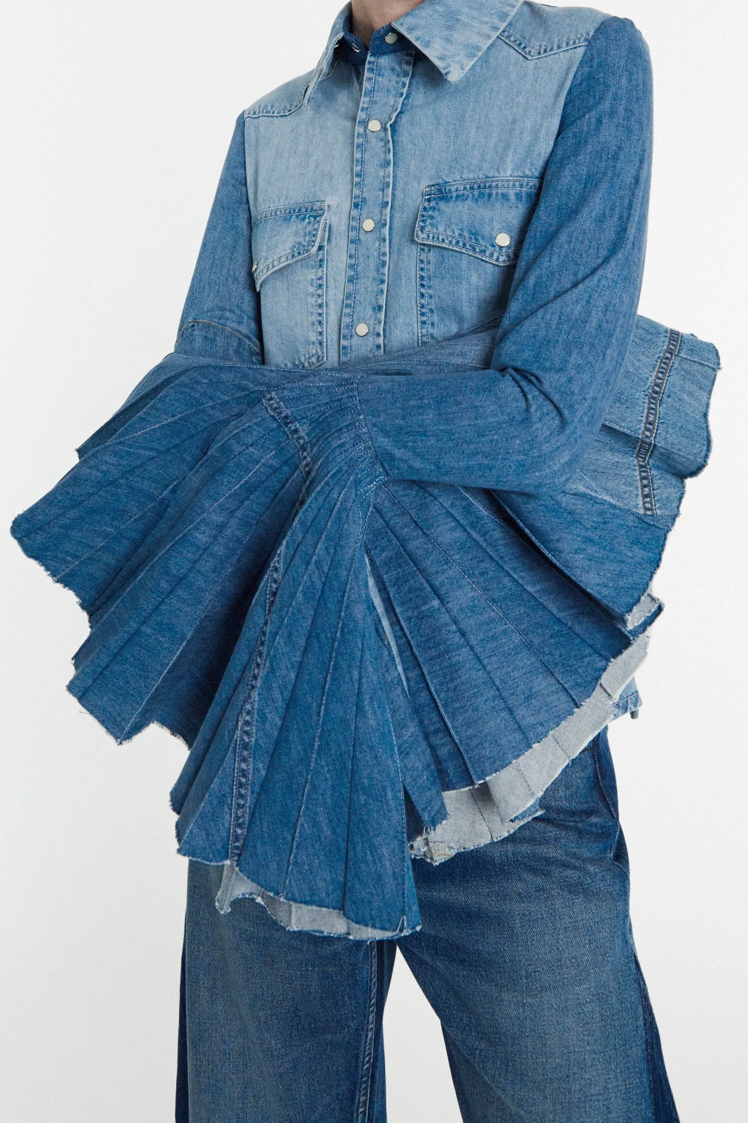 Recycled Denim Shirt With Pleated Bell Sleeves Blue