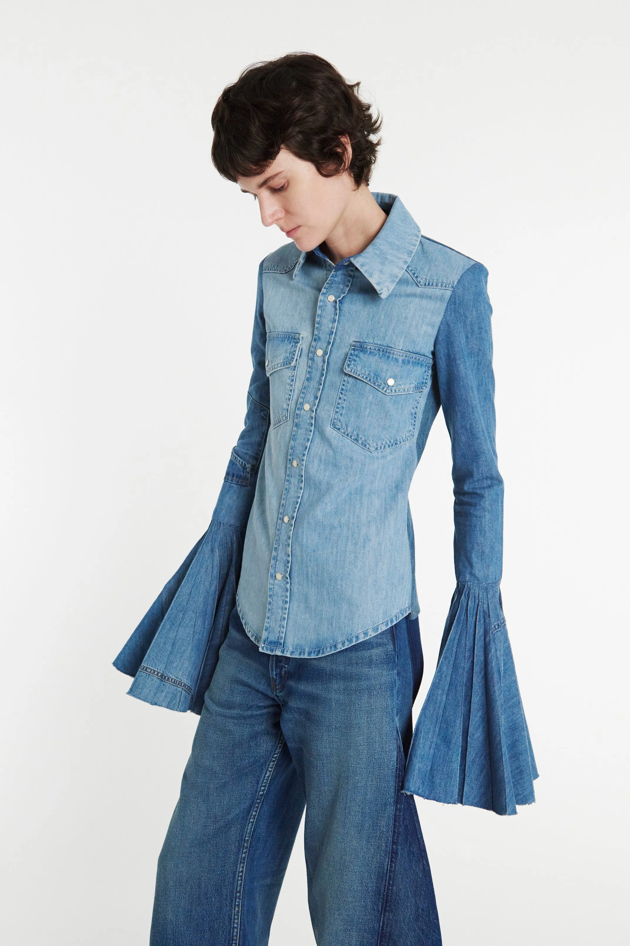 Recycled Denim Shirt With Pleated Bell Sleeves Blue