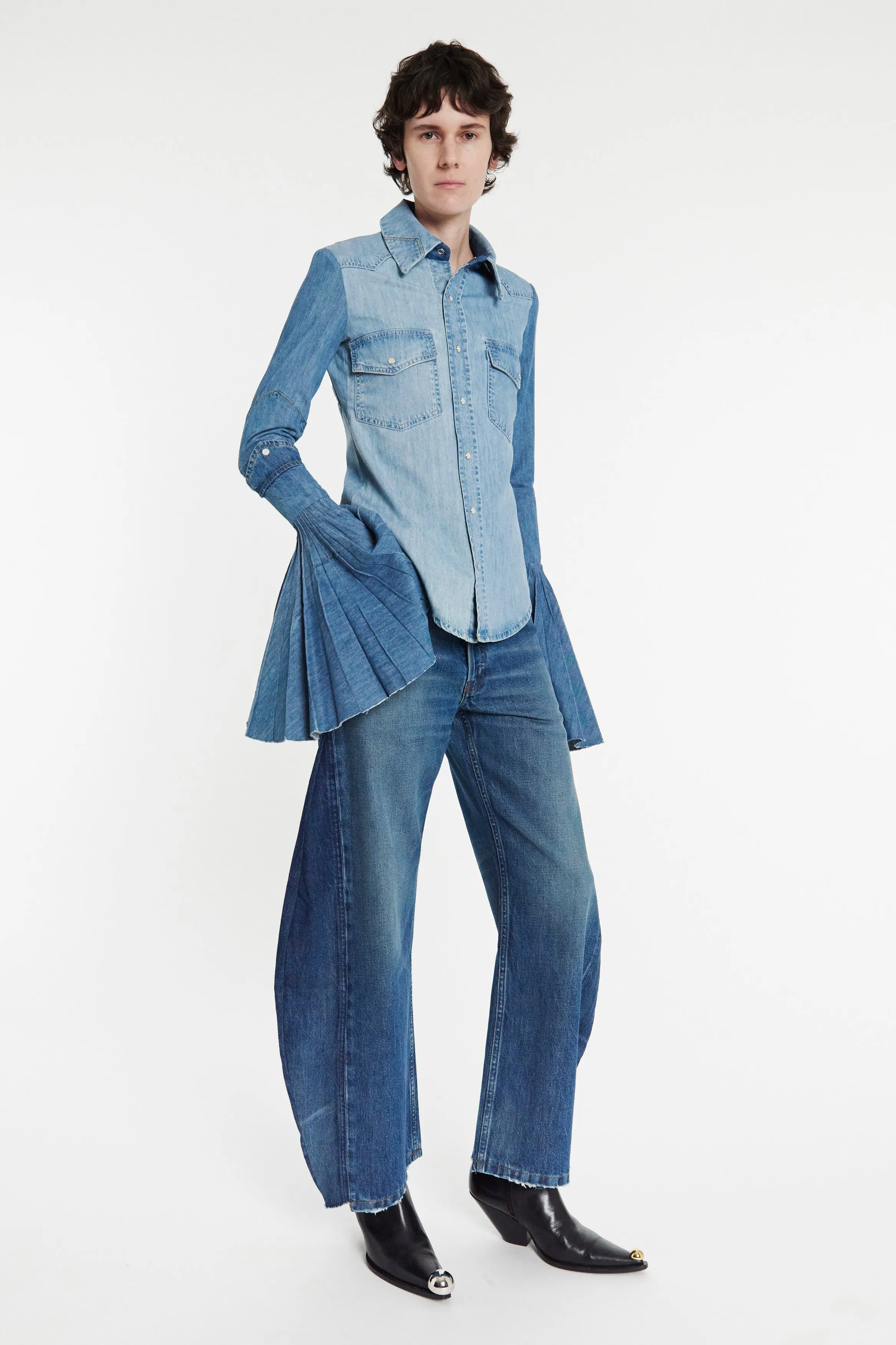 Recycled Denim Shirt With Pleated Bell Sleeves Blue