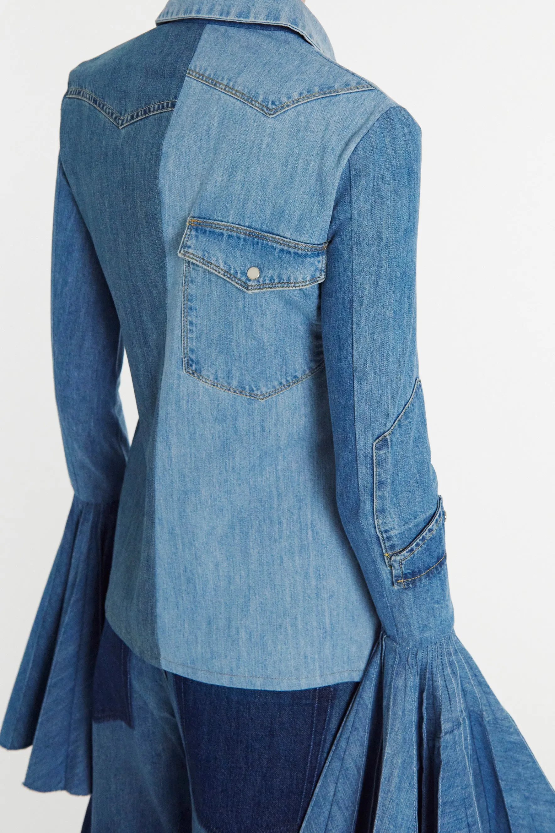 Recycled Denim Shirt With Pleated Bell Sleeves Blue