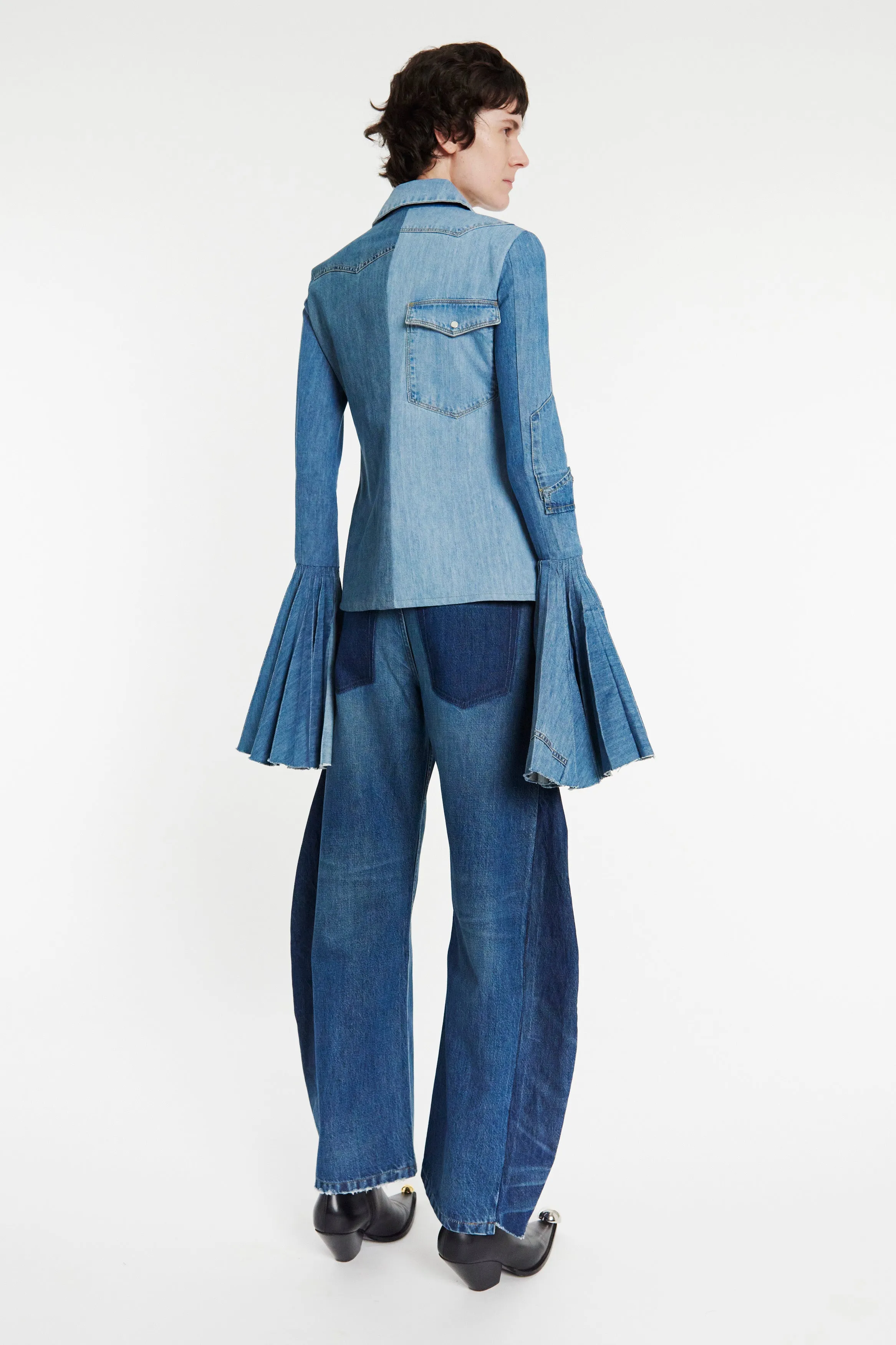 Recycled Denim Shirt With Pleated Bell Sleeves Blue