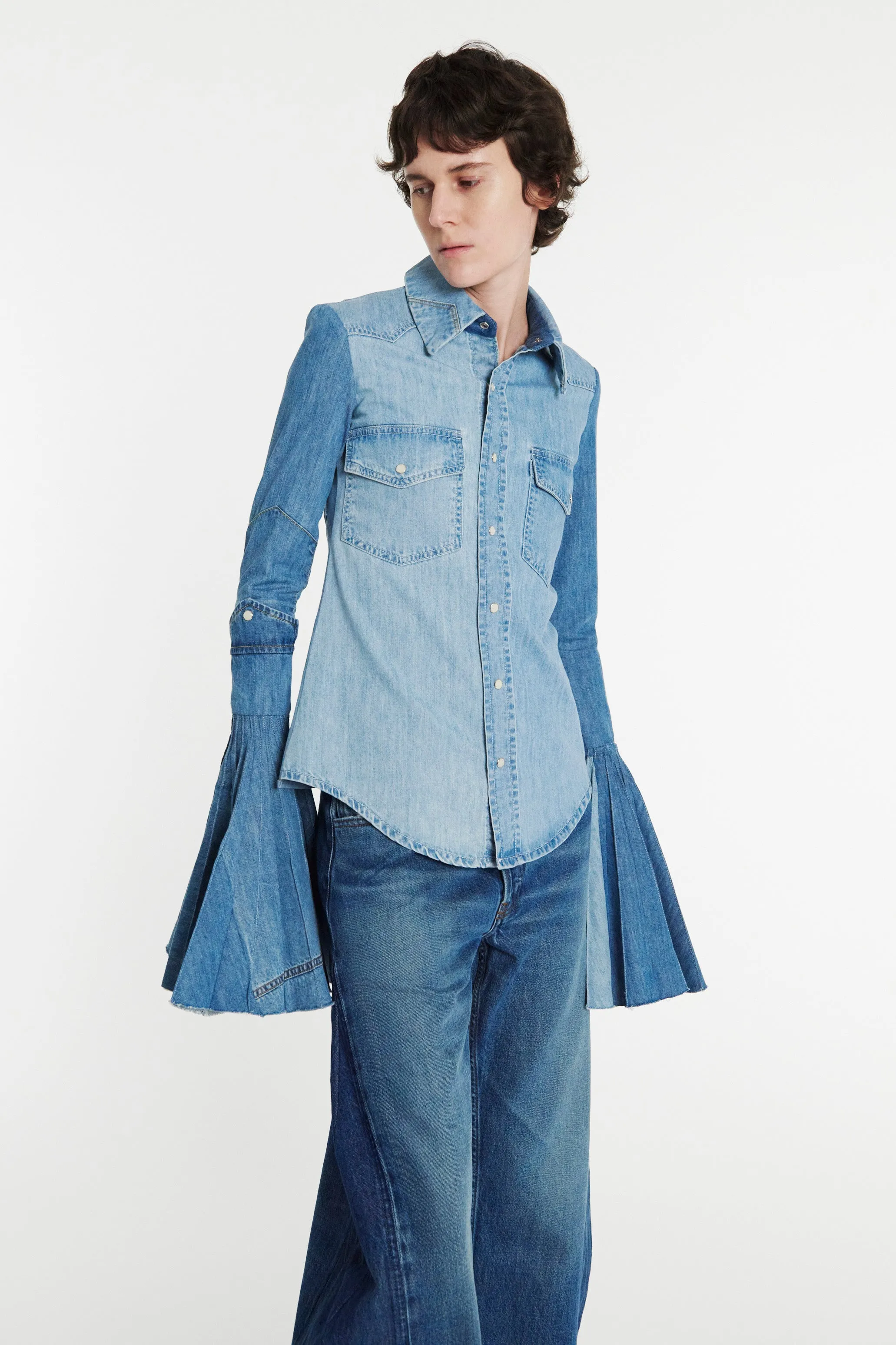 Recycled Denim Shirt With Pleated Bell Sleeves Blue
