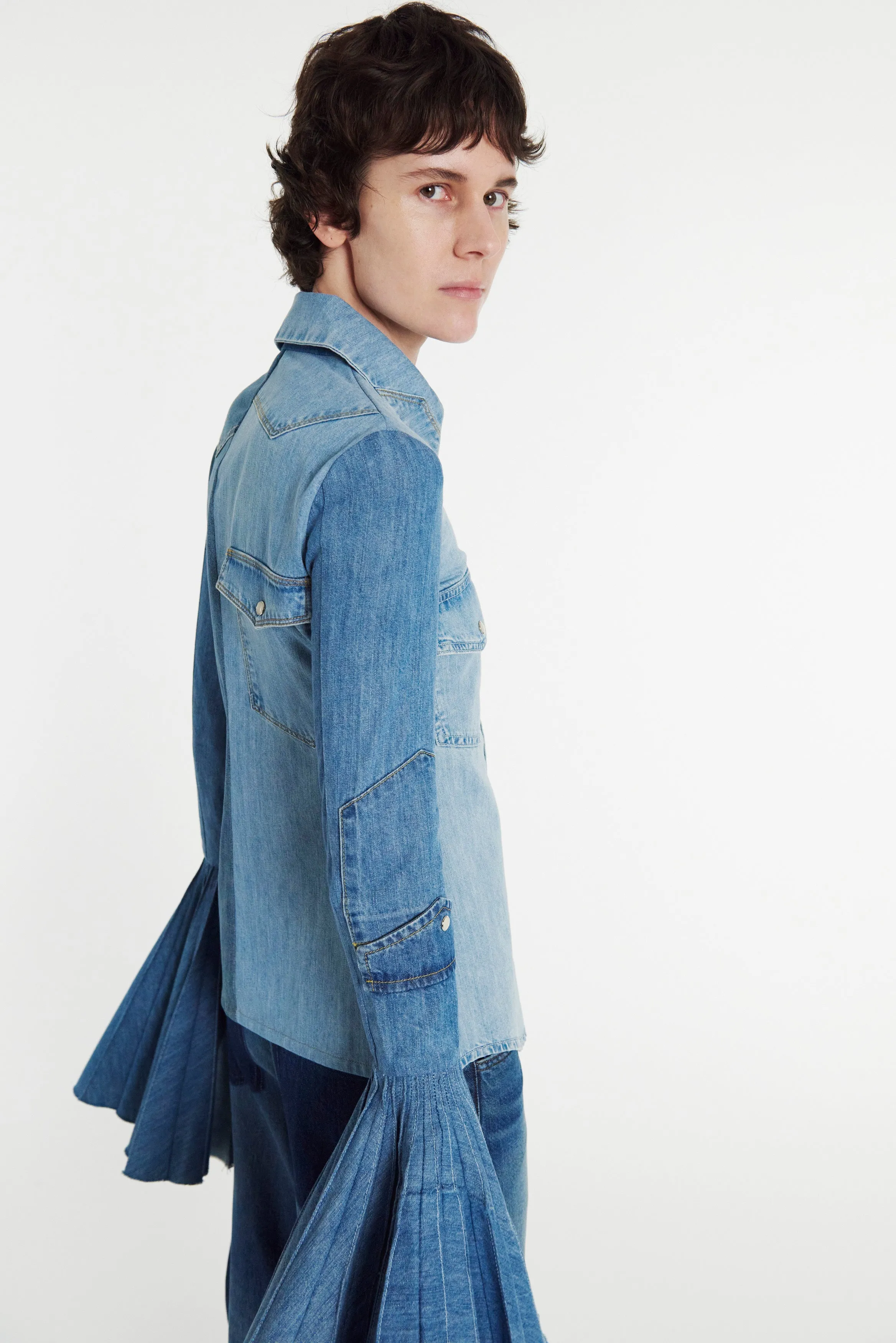 Recycled Denim Shirt With Pleated Bell Sleeves Blue