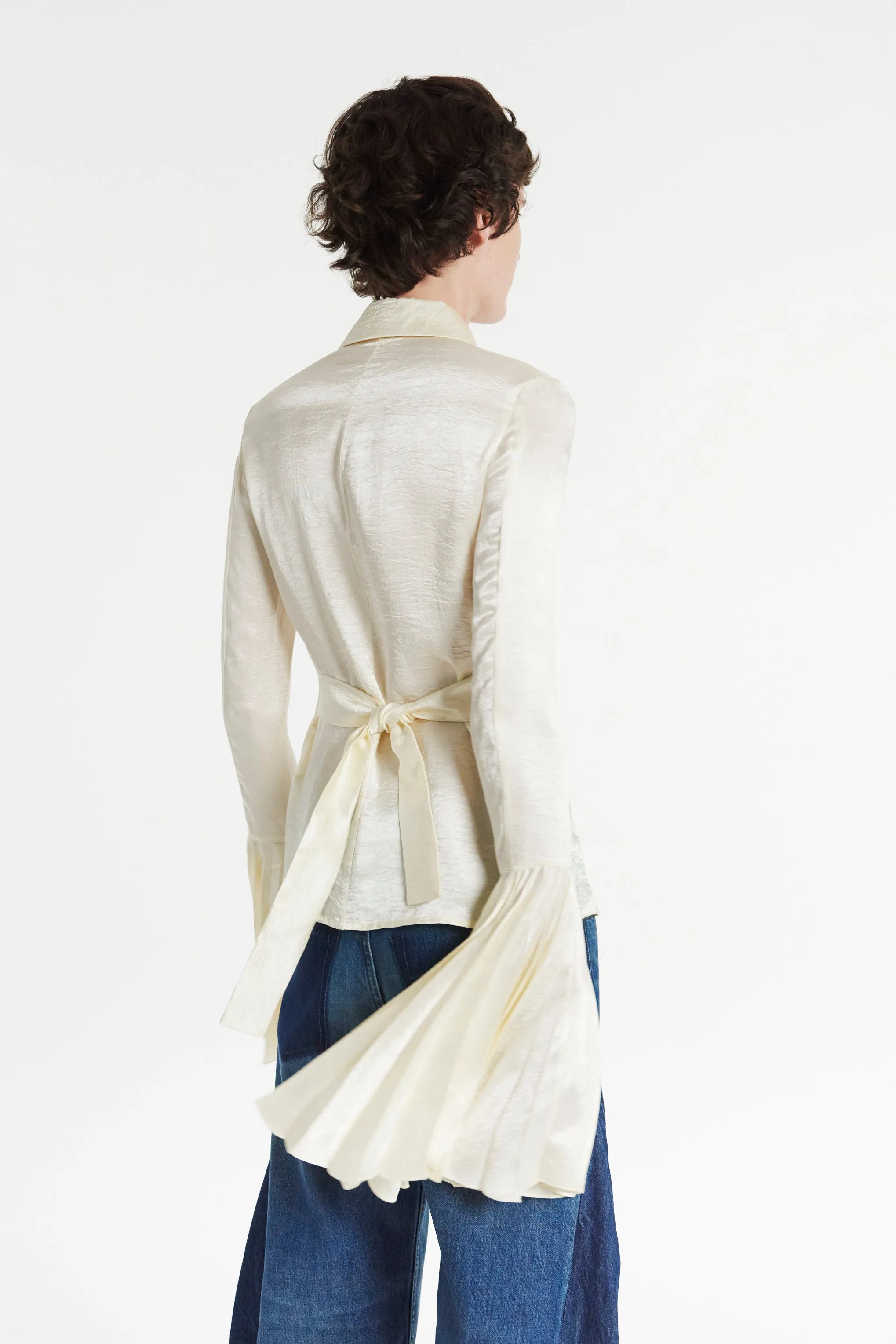 Satin Shirt With Pleated Bell Sleeves Ivory