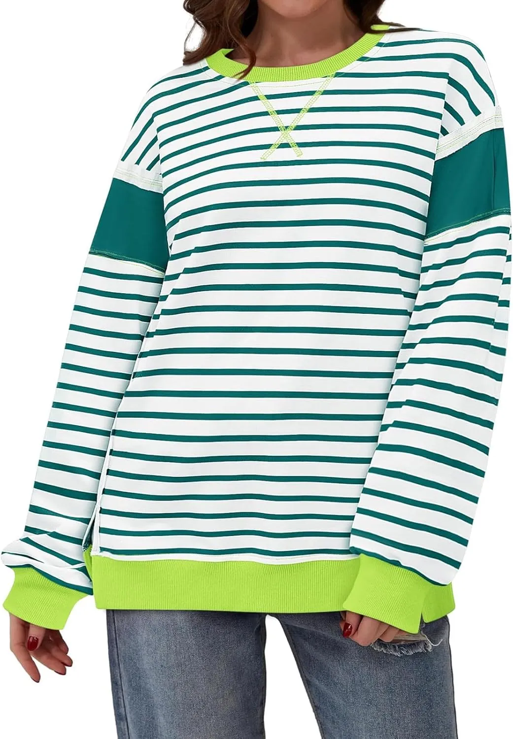 Striped Crew Neck Sweatshirts Women Cute Preppy Teen Girls Sweatshirts Comfy Y2k Fall Outfits Tops