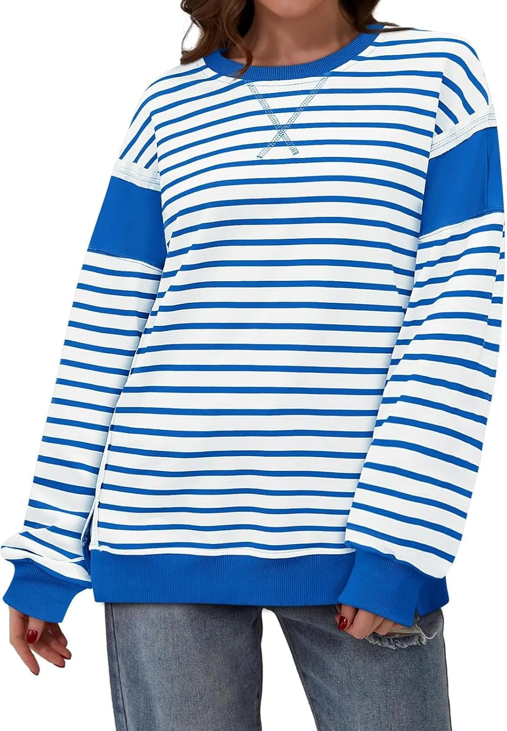 Striped Crew Neck Sweatshirts Women Cute Preppy Teen Girls Sweatshirts Comfy Y2k Fall Outfits Tops