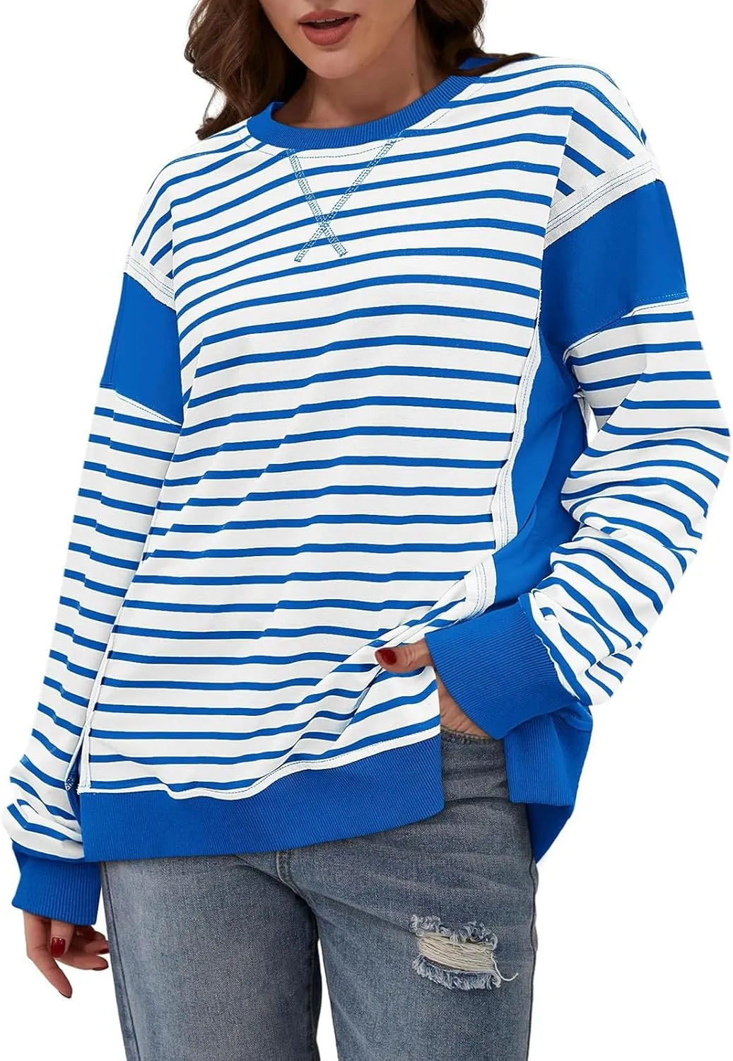 Striped Crew Neck Sweatshirts Women Cute Preppy Teen Girls Sweatshirts Comfy Y2k Fall Outfits Tops