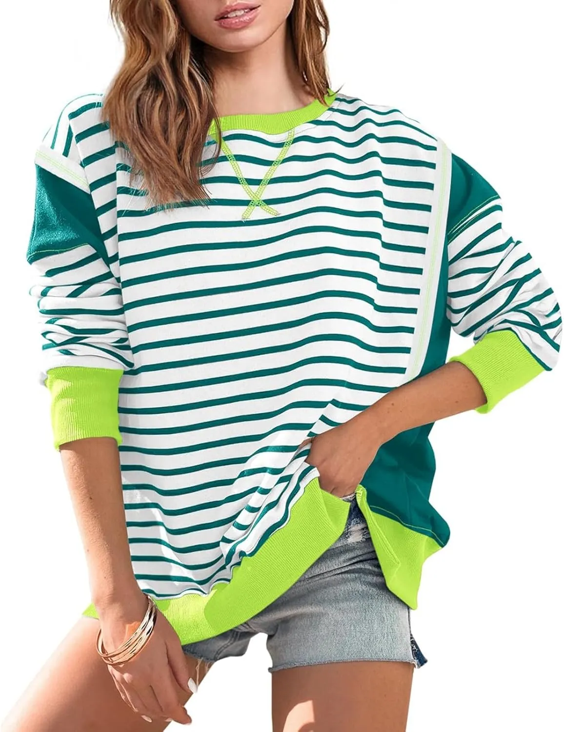 Striped Crew Neck Sweatshirts Women Cute Preppy Teen Girls Sweatshirts Comfy Y2k Fall Outfits Tops