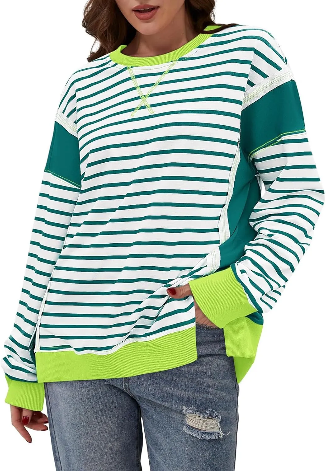Striped Crew Neck Sweatshirts Women Cute Preppy Teen Girls Sweatshirts Comfy Y2k Fall Outfits Tops