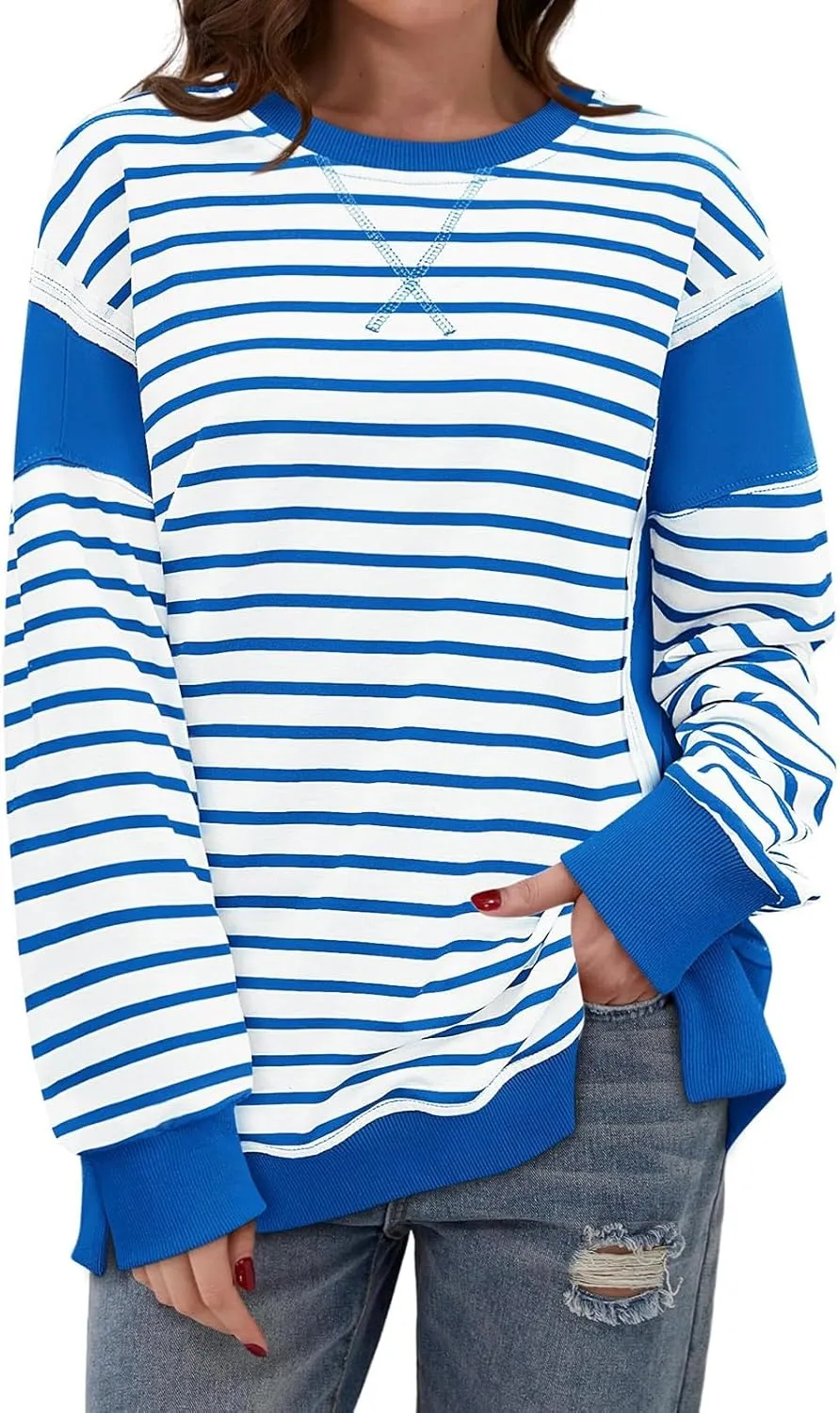 Striped Crew Neck Sweatshirts Women Cute Preppy Teen Girls Sweatshirts Comfy Y2k Fall Outfits Tops