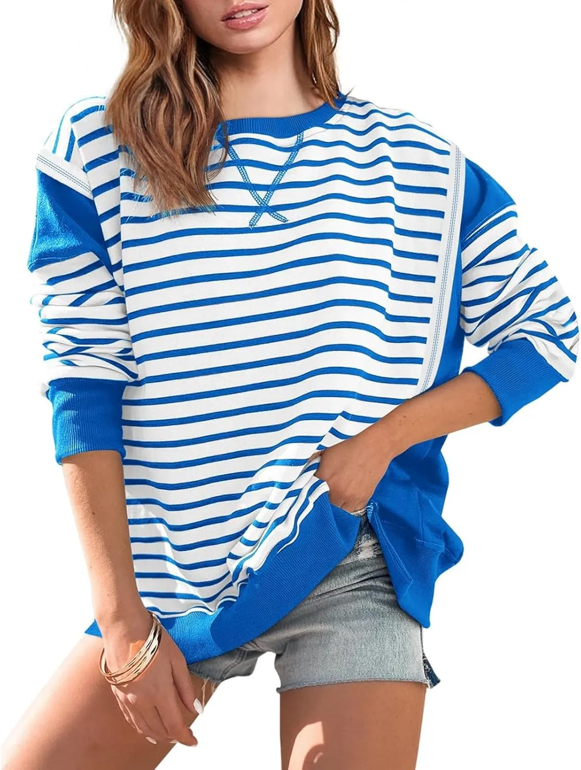 Striped Crew Neck Sweatshirts Women Cute Preppy Teen Girls Sweatshirts Comfy Y2k Fall Outfits Tops