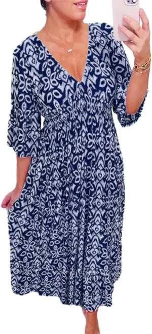 Summer Boho Midi Dresses for Women 2024 Casual Floral V Neck Wrap 3/4 Sleeve Dresses Plus Size Flowy Long Beach Dress