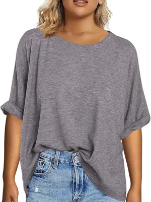 Tankaneo Women's Plus Size Short Sleeve T Shirts Summer Half Sleeve Crew Neck Oversized Tees Casual Loose Fit Tunic Tops