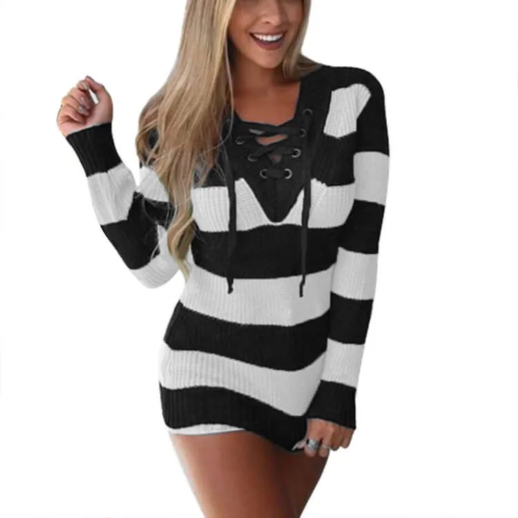 V-Neck Lace-Up Striped Long Sleeve Women Sweater
