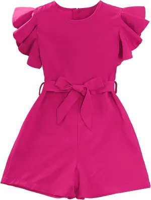 WDIRARA Girl's Flutter Cap Sleeve Crew Neck Dressy Belted Romper Cute Short Jumpsuit