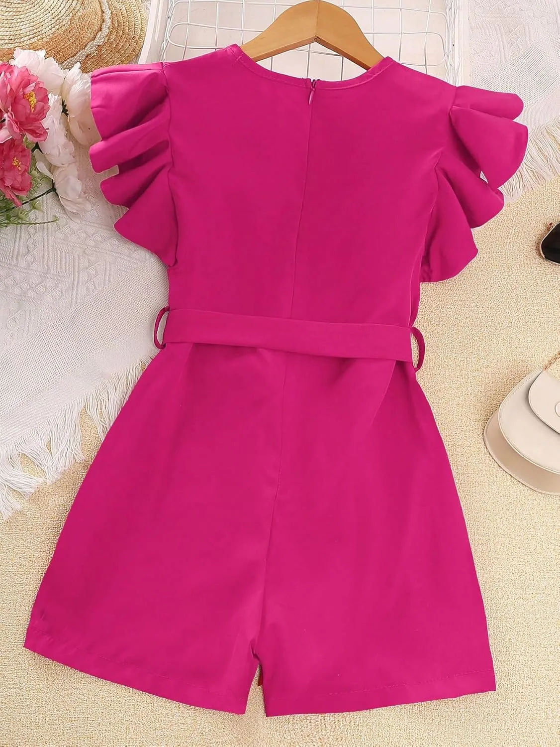 WDIRARA Girl's Flutter Cap Sleeve Crew Neck Dressy Belted Romper Cute Short Jumpsuit
