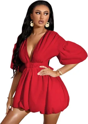WDIRARA Women's Deep V Neck Puff Sleeve High Rise Flare Dress Elastic Waist Dress