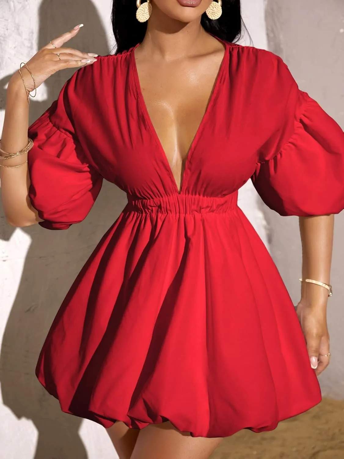 WDIRARA Women's Deep V Neck Puff Sleeve High Rise Flare Dress Elastic Waist Dress