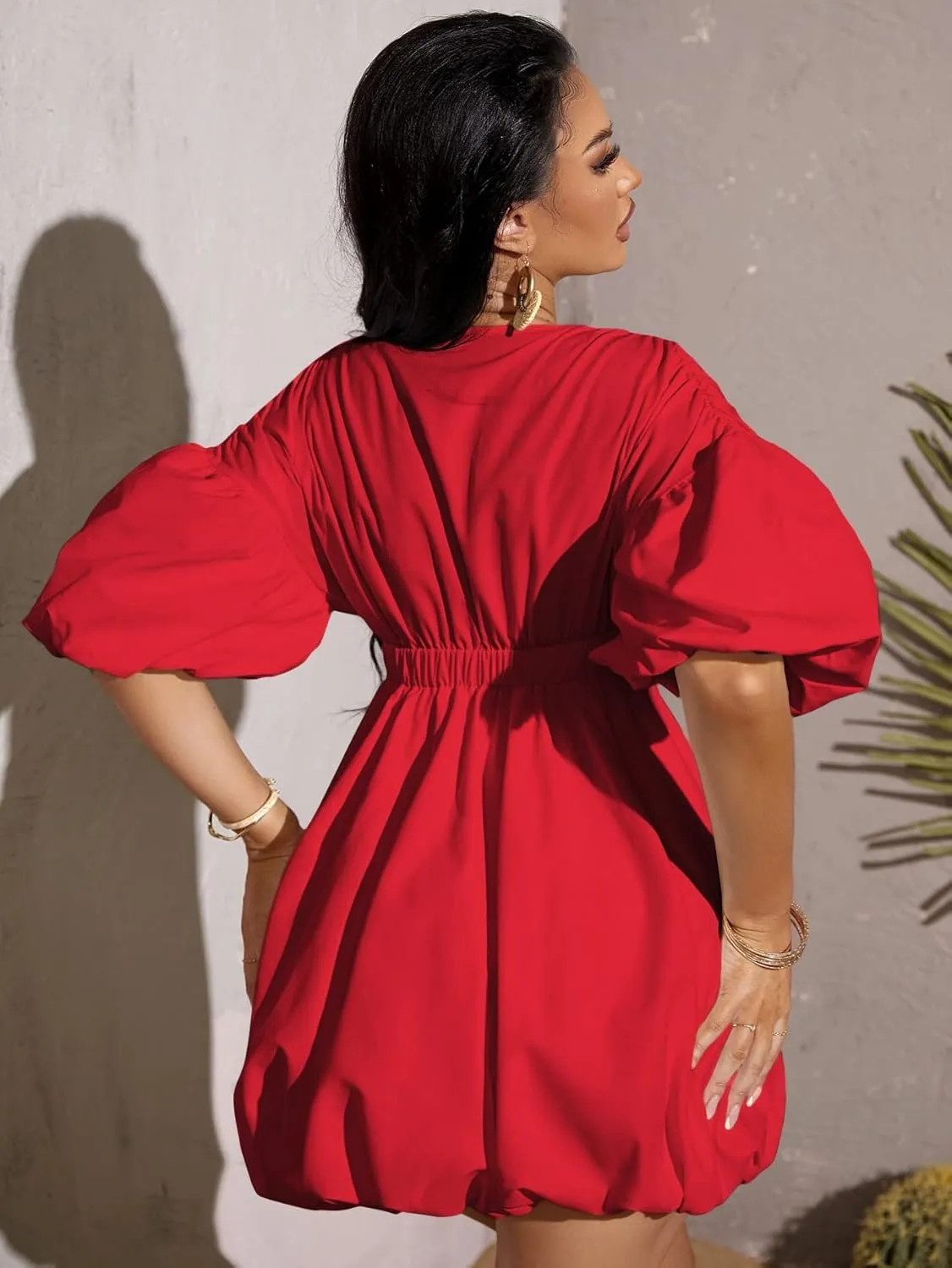 WDIRARA Women's Deep V Neck Puff Sleeve High Rise Flare Dress Elastic Waist Dress