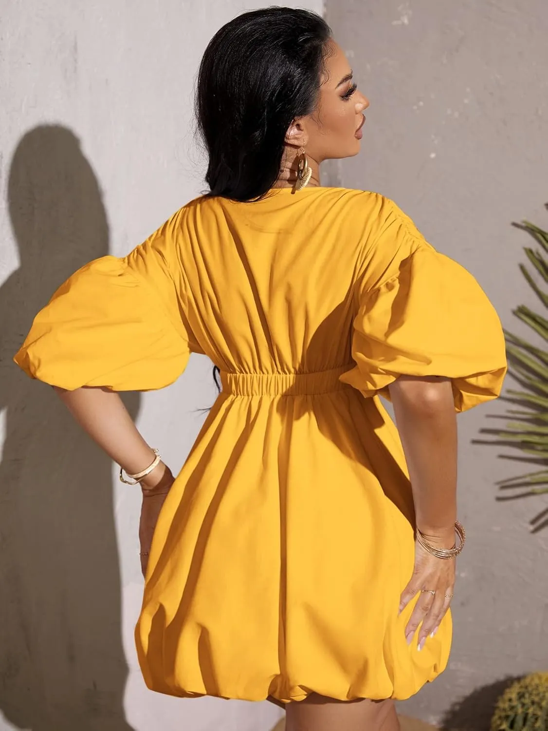 WDIRARA Women's Deep V Neck Puff Sleeve High Rise Flare Dress Elastic Waist Dress
