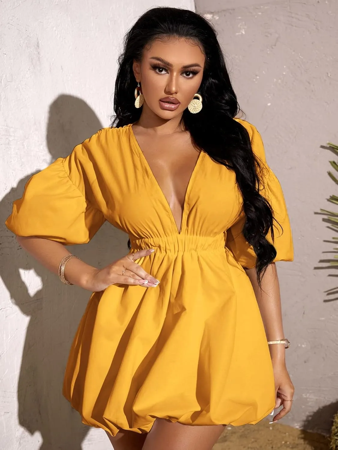 WDIRARA Women's Deep V Neck Puff Sleeve High Rise Flare Dress Elastic Waist Dress