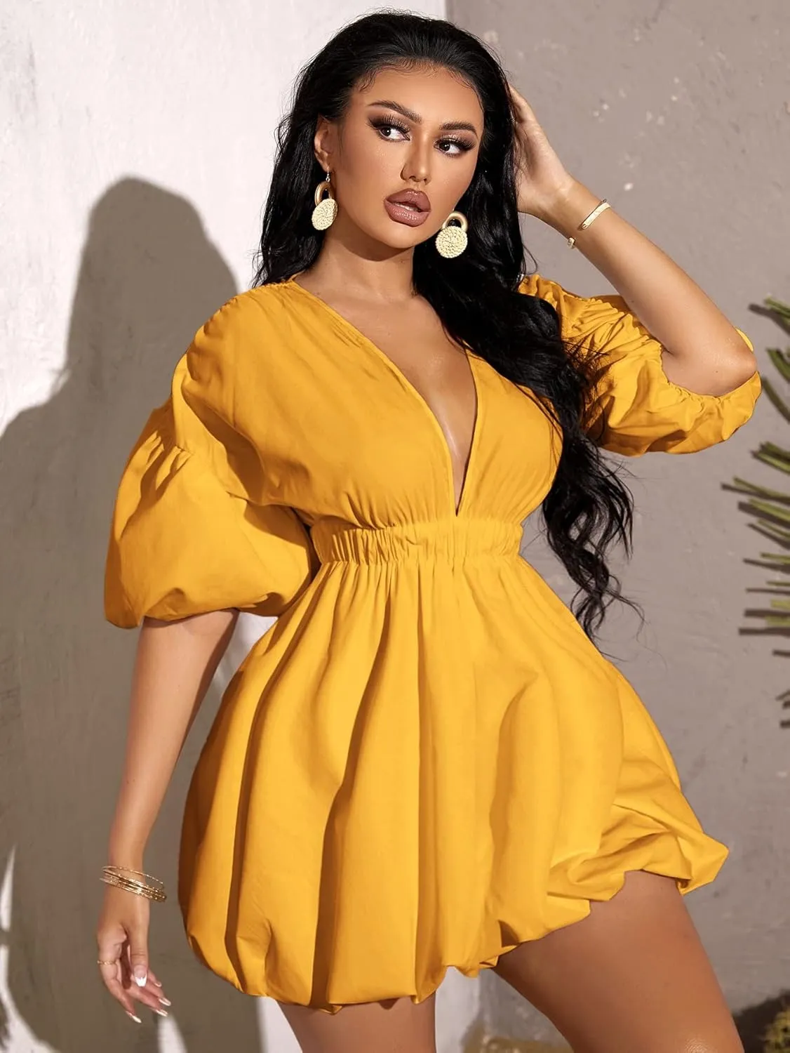 WDIRARA Women's Deep V Neck Puff Sleeve High Rise Flare Dress Elastic Waist Dress