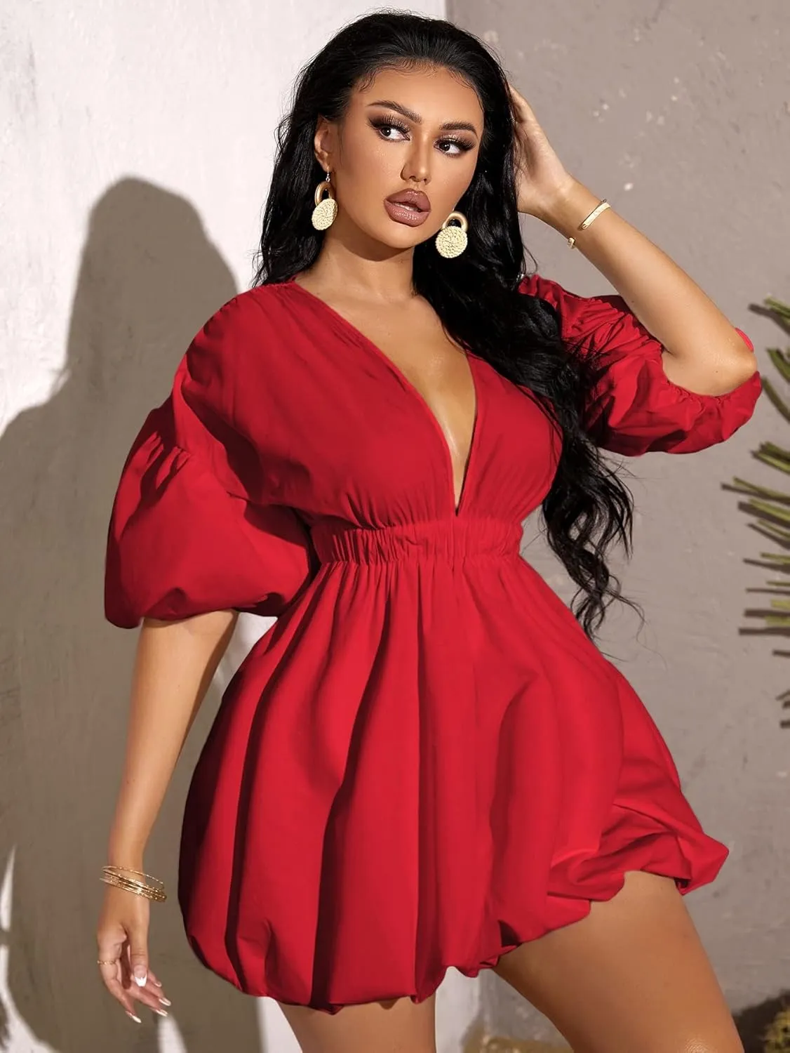 WDIRARA Women's Deep V Neck Puff Sleeve High Rise Flare Dress Elastic Waist Dress