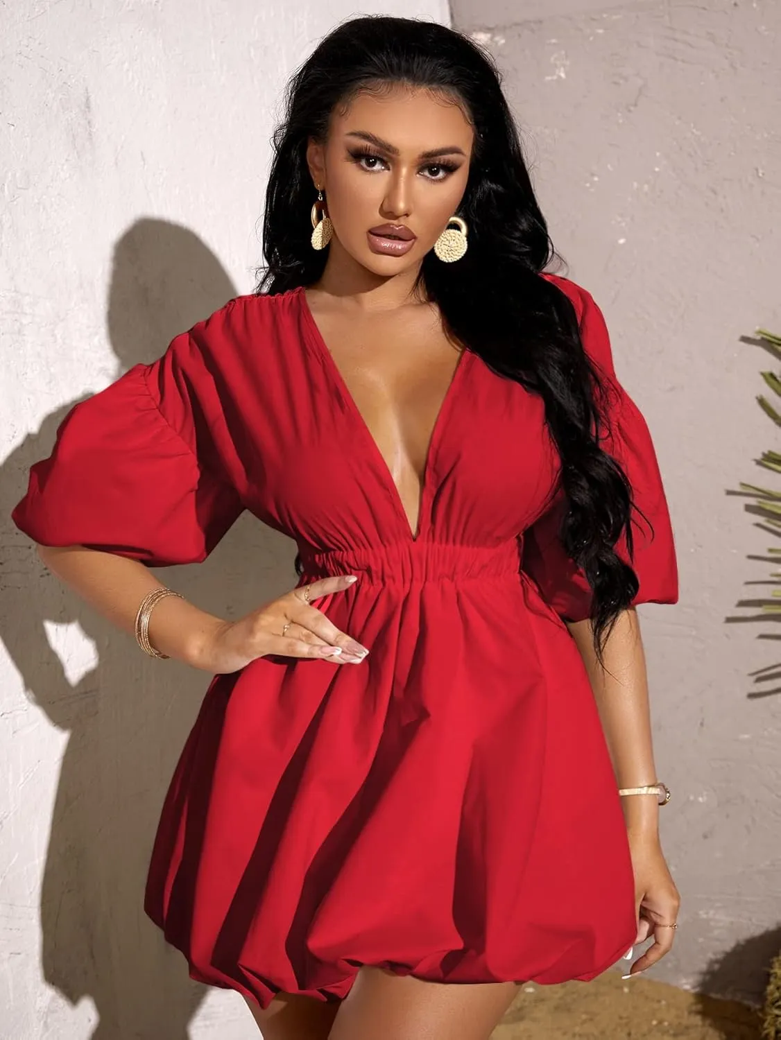 WDIRARA Women's Deep V Neck Puff Sleeve High Rise Flare Dress Elastic Waist Dress