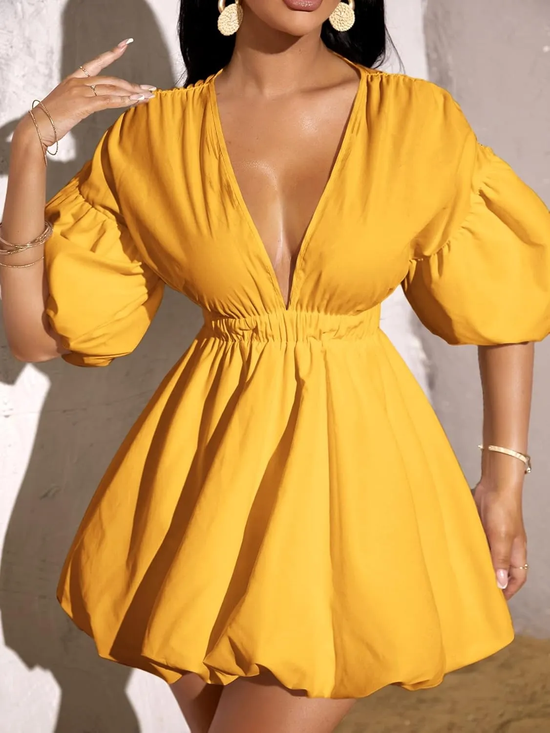 WDIRARA Women's Deep V Neck Puff Sleeve High Rise Flare Dress Elastic Waist Dress