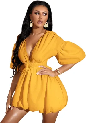 WDIRARA Women's Deep V Neck Puff Sleeve High Rise Flare Dress Elastic Waist Dress