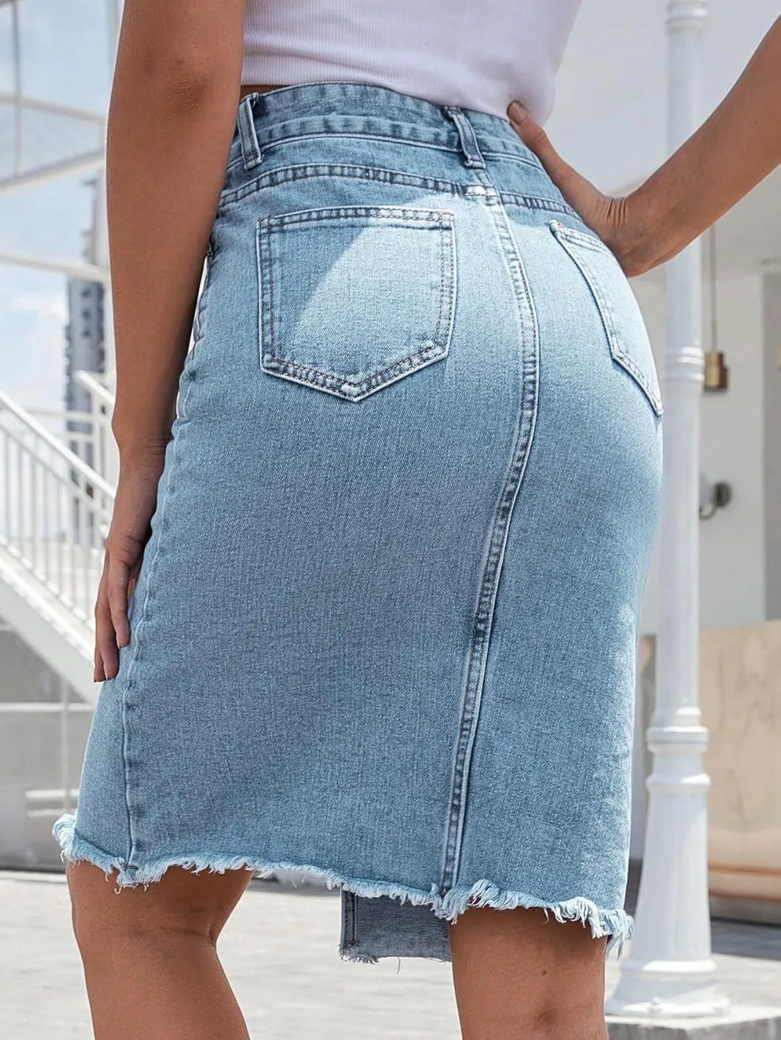 WDIRARA Women's High Waisted Split Front Raw Hem Bodycon Midi Denim Skirt