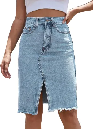 WDIRARA Women's High Waisted Split Front Raw Hem Bodycon Midi Denim Skirt