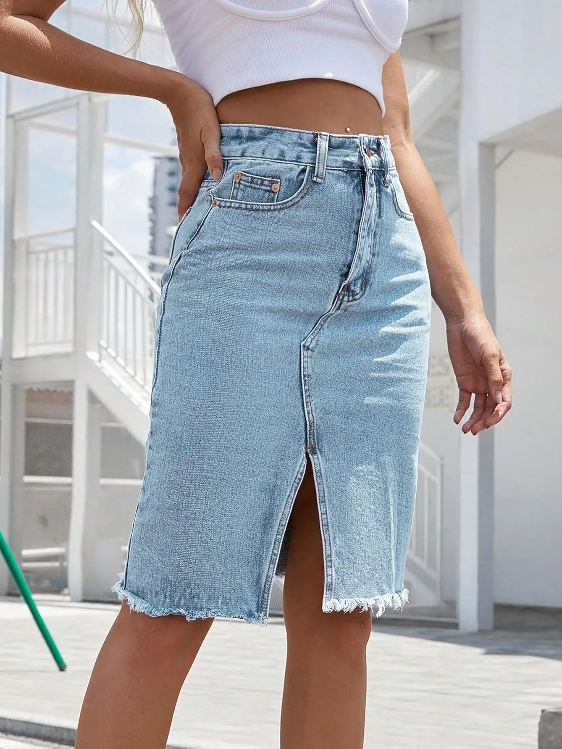 WDIRARA Women's High Waisted Split Front Raw Hem Bodycon Midi Denim Skirt