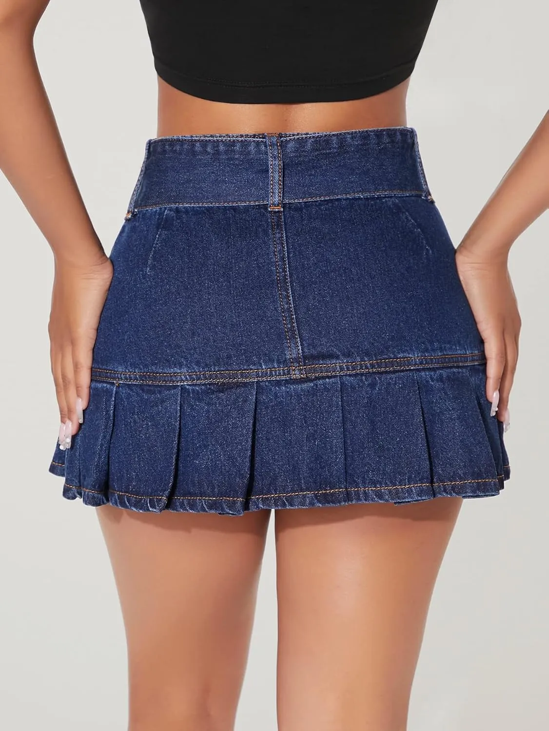 WDIRARA Women's Petite High Waisted Pleated A Line Belted Ruffle Y2k Denim Mini Skirt