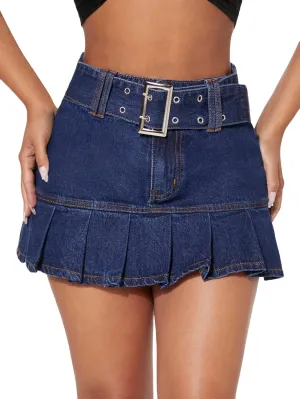 WDIRARA Women's Petite High Waisted Pleated A Line Belted Ruffle Y2k Denim Mini Skirt