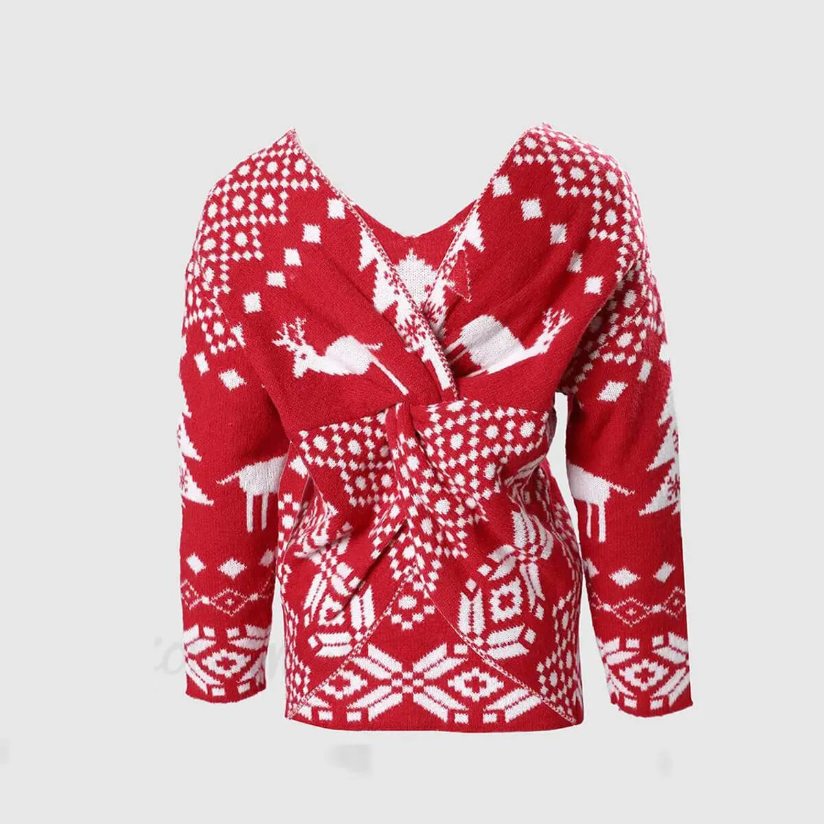 Women Christmas Sweater Criss Cross Backless Pullover Christmas Red Sweater with Long Sleeves