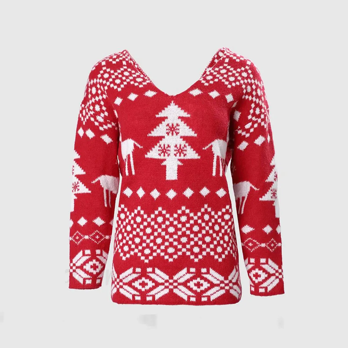 Women Christmas Sweater Criss Cross Backless Pullover Christmas Red Sweater with Long Sleeves