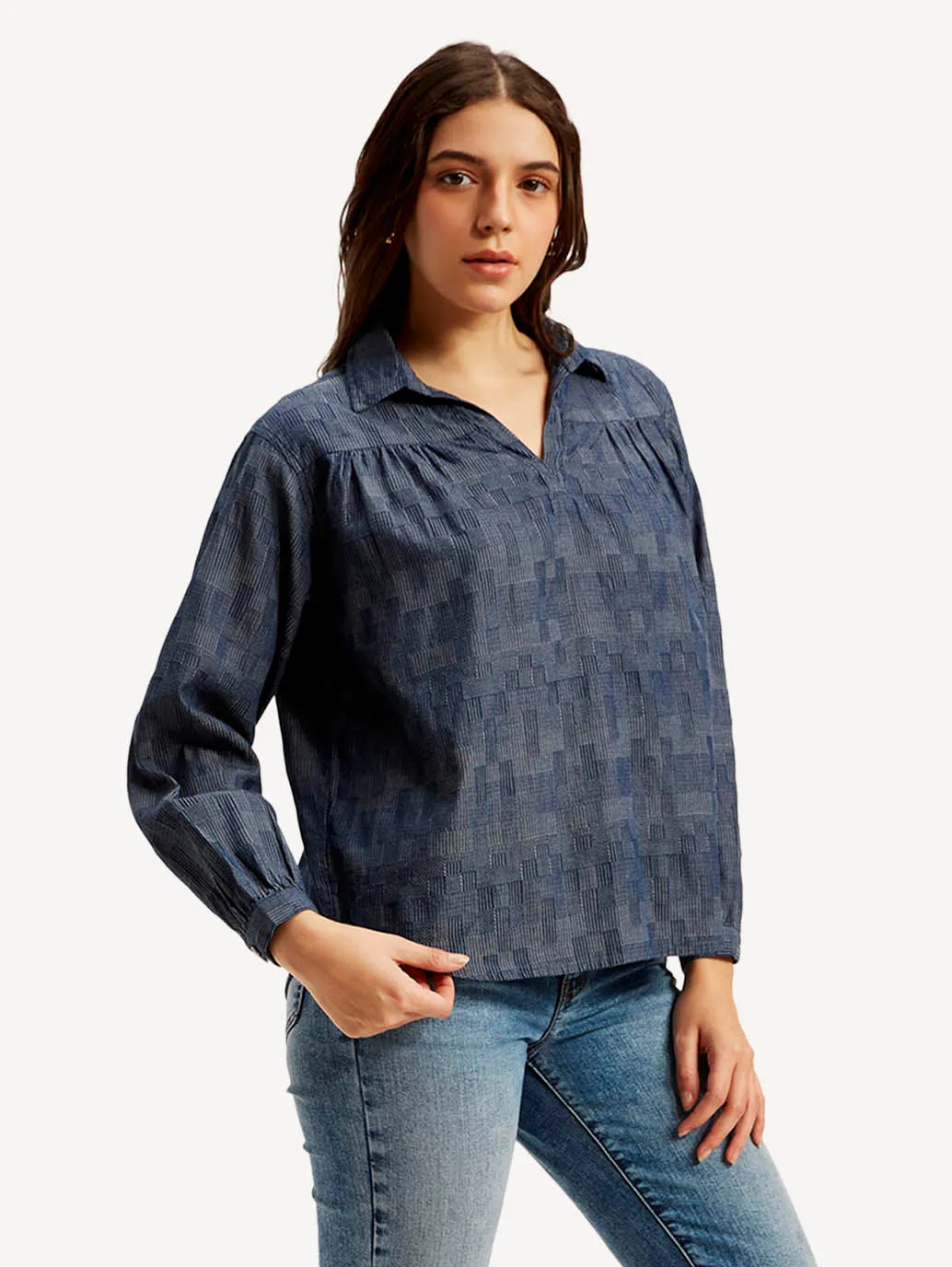 Women's Abstract Dark Blue Spread Collar Top
