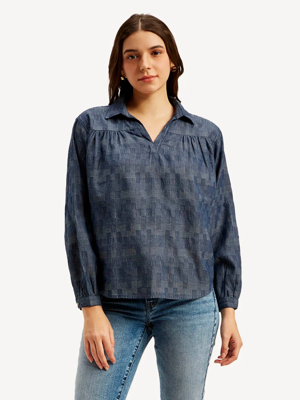Women's Abstract Dark Blue Spread Collar Top