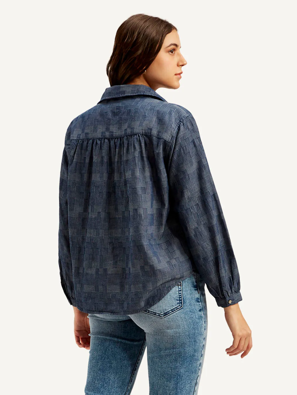 Women's Abstract Dark Blue Spread Collar Top
