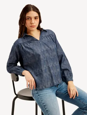 Women's Abstract Dark Blue Spread Collar Top