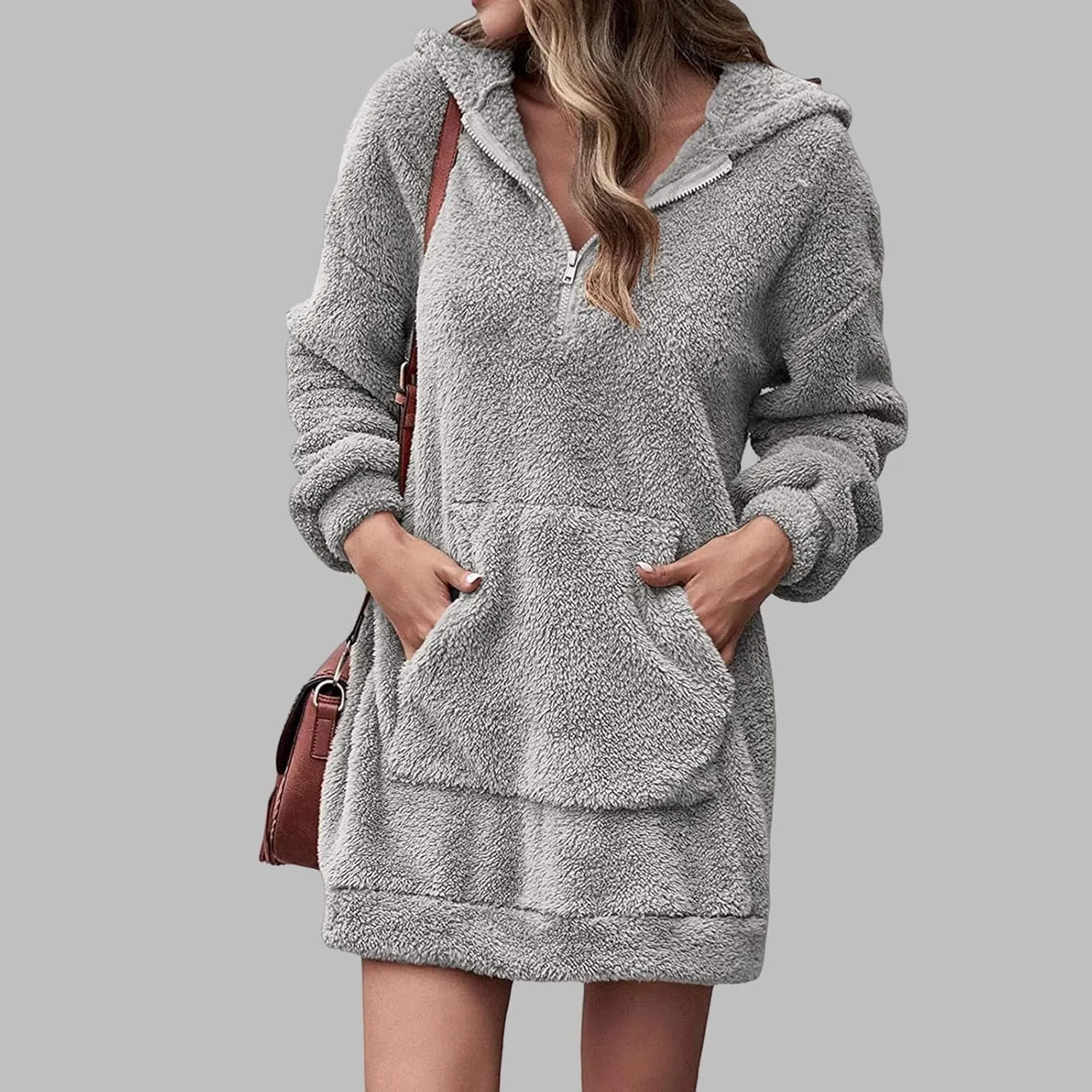 Womens Fuzzy Fleece Hoodies Oversized Half Zip Pullover Winter Long Sleeve Hooded Sweatshirts Casual Tunic Tops