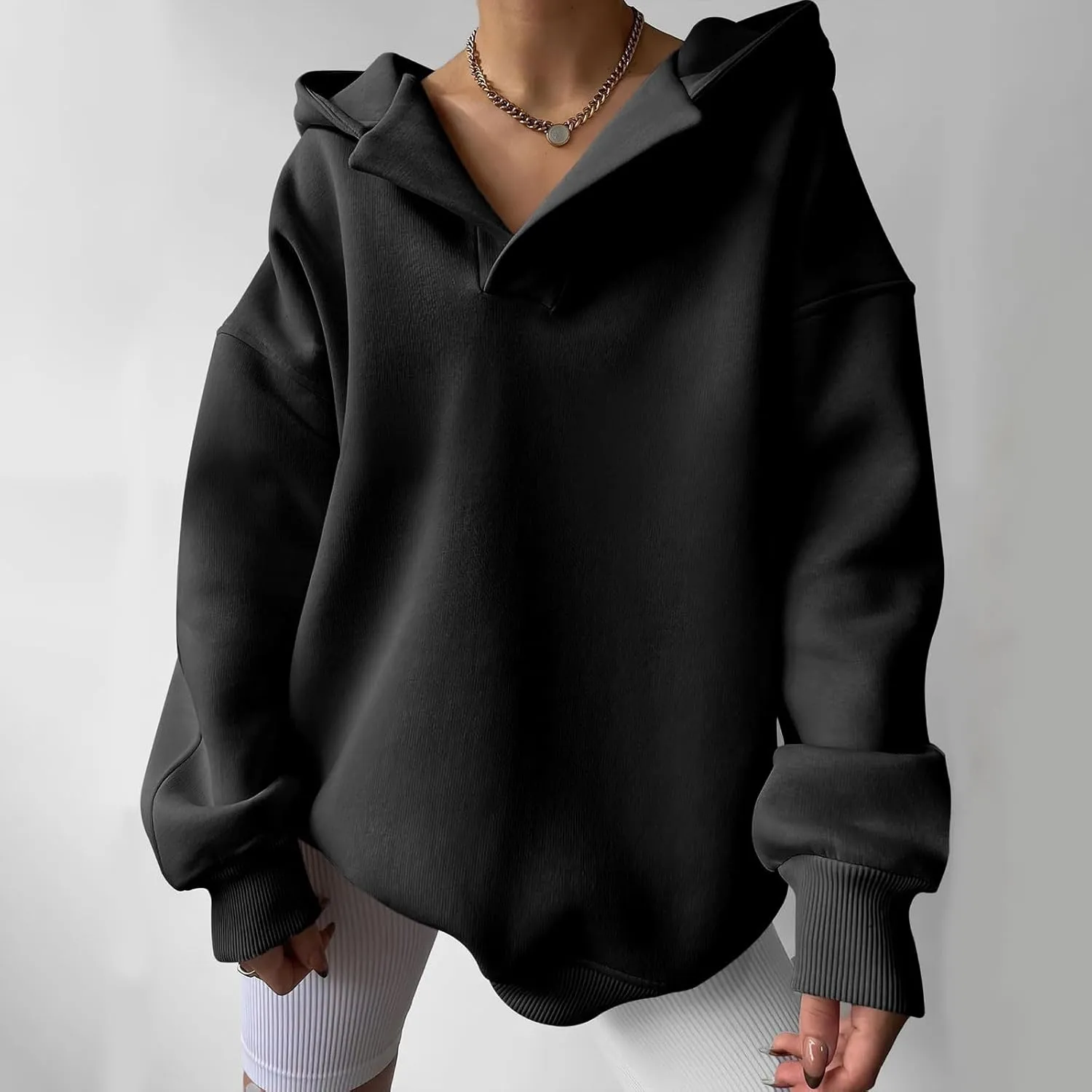 Womens Oversized Hoodies V Neck Long Sleeve Pullover Sweatshirts Tops Casual Fall Outfits Teen Girls 2024 Trendy